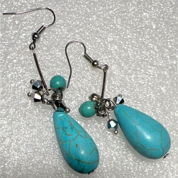 Artisan Glass Turquoise & Silver Tone Teardrop Earrings With Crystal Accents - Picture 6 of 8